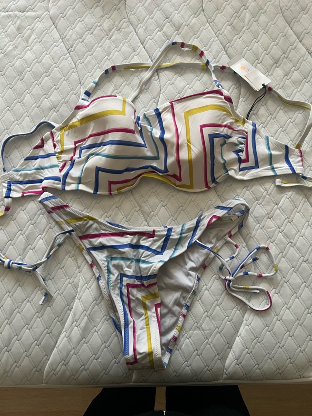 Target Women Swim Striped Bikini Set - White with Blue, Pink, Yellow